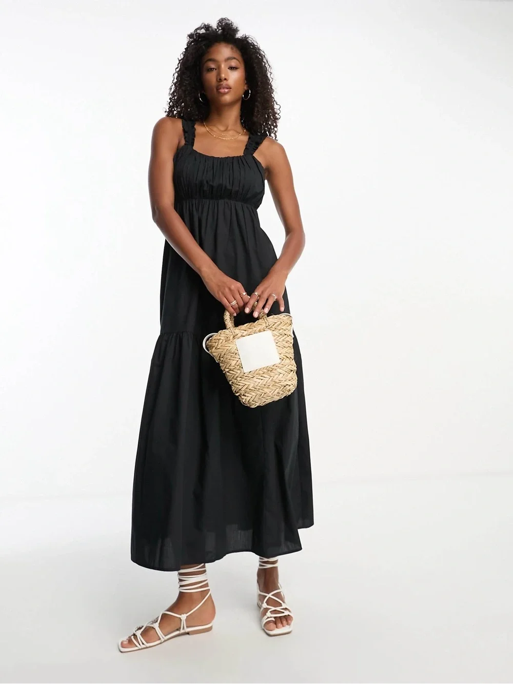 Abercrombie & Fitch Bow Back Poplin Tiered Maxi Dress Black Size S